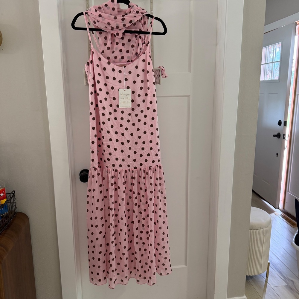 Show Me Your Mumu Dalia Maxi Dress Pink Brown Polka Dot S NWT w Scarf Coquette